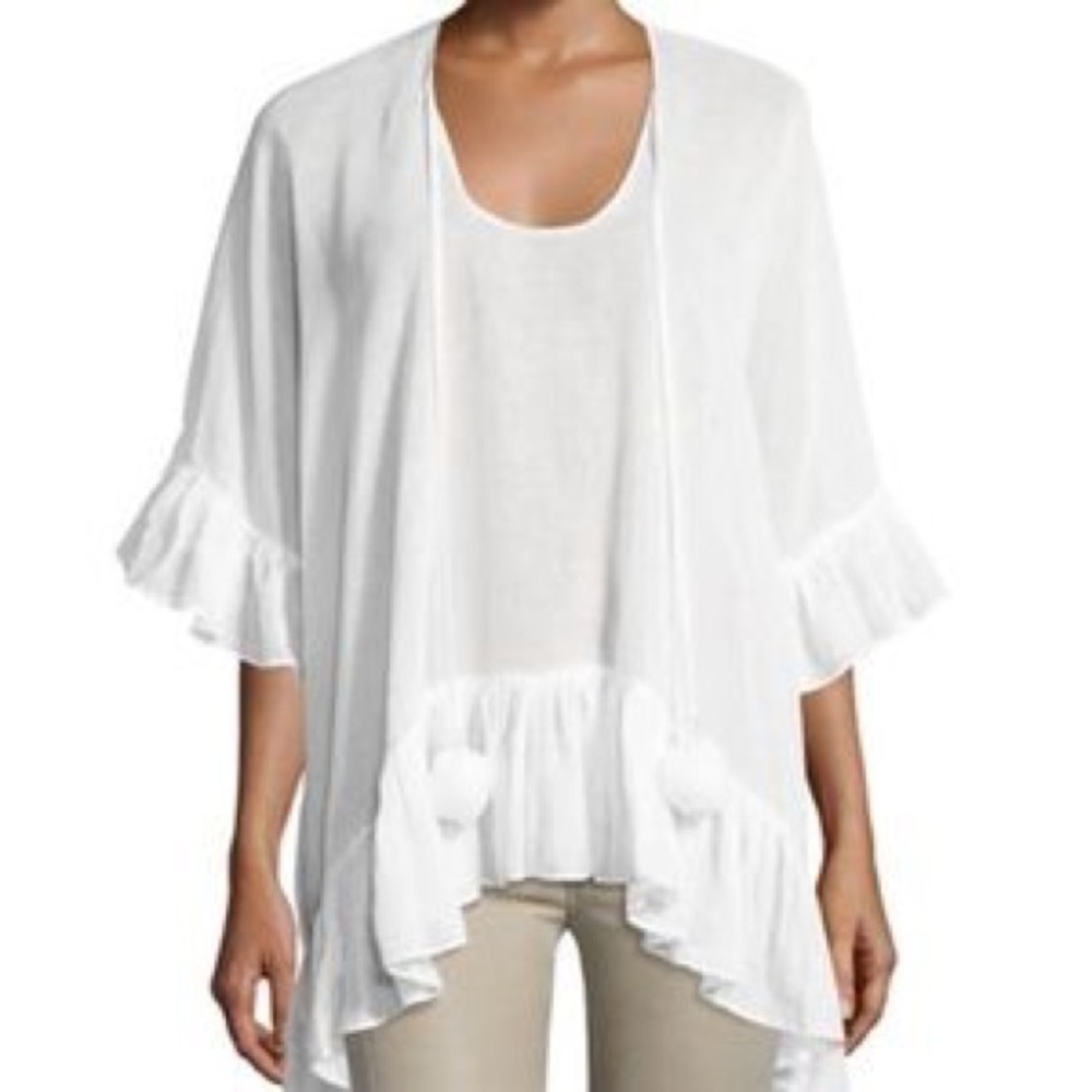 Woven Ruffle-Trim Pompom Poncho